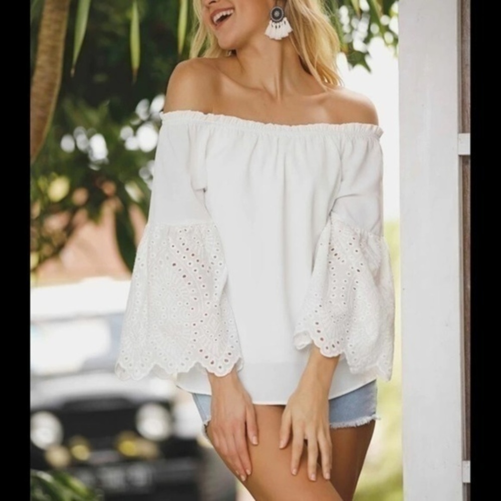 (M, L) Lined White Bardot Flounce Bell Sleeves Blouse Top NEW